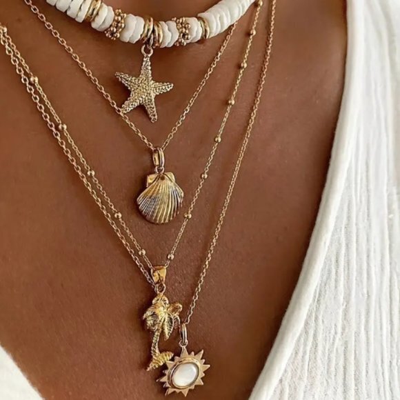 Bohemian Beach Starfish Shell Sun Pendant Layered Necklace Womens Necklace - Picture 1 of 4